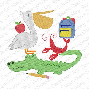 May include: An embroidered design featuring a pelican with an apple, a blue backpack, a red lobster, and a green alligator with a pencil. The design is in a cartoon style, suitable for children's items.