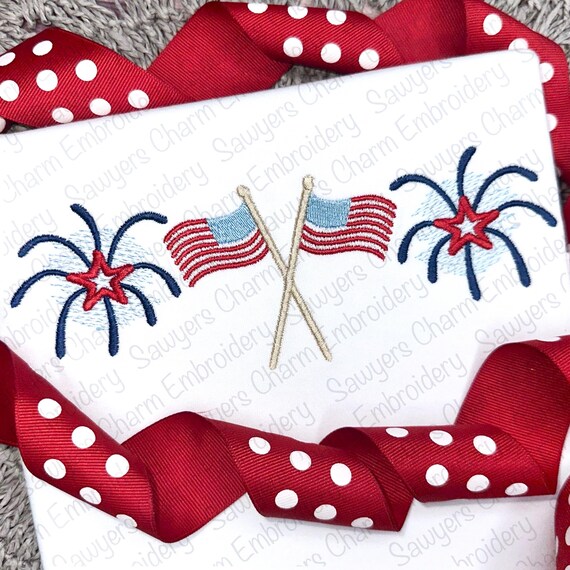 花火付きアメリカ国旗3点セット、サテンステッチミシン刺繍デザイン、7
