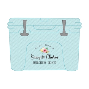 May include: A light blue cooler with a white and floral design. The cooler has a logo that says "Sawyer's Charm Embroidery Designs" and "Est. 2021 Dothan, AL".