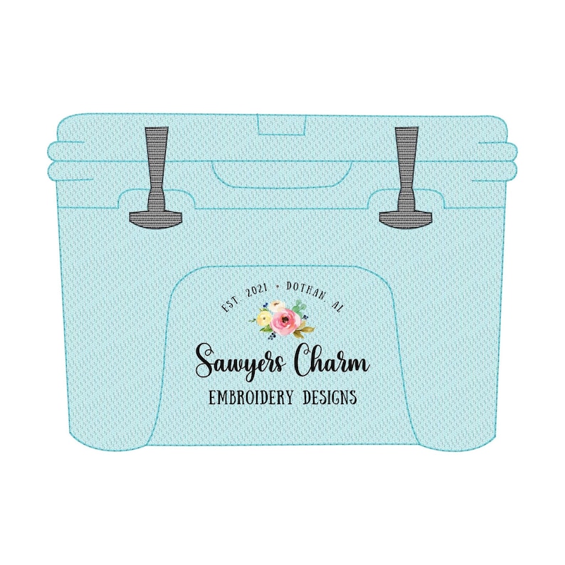 May include: A light blue cooler with a white and floral design. The cooler has a logo that says "Sawyer's Charm Embroidery Designs" and "Est. 2021 Dothan, AL".