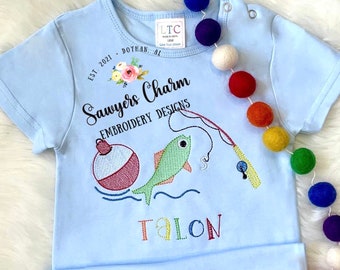Fishing pole, bobber & fish sketch stitch trio, machine embroidery design, spring, summer, outdoors, water lake pond