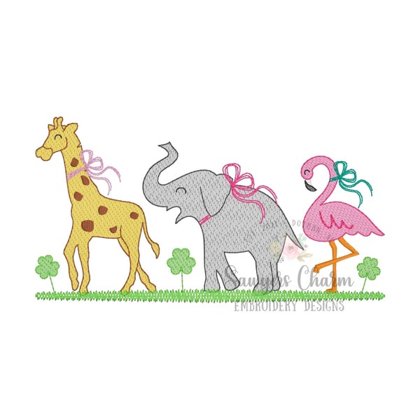 BUNDLE Zoo-/Dschungel-/Safaritiere und Kleeblätter mit/ohne Schleifen Skizzenstich-Trio-Maschinenstickdatei Giraffe/Elefant/Flamingo
