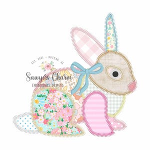 May include: A patchwork bunny design with floral, gingham, and polka dot patterns. The bunny has a light blue bow and is stitched with a contrasting thread. The text "Sawyers Charm Embroidery Designs" is also visible.