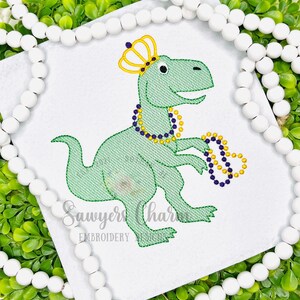 Mardi Gras T-Rex sketch stitch machine embroidery design, tyrannosaurus rex dinosaur with beads & crown
