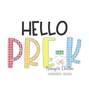 Hello Pre-K, bean stitch applique embroidery design file, satin stitch, preschool, back to school, preschool student