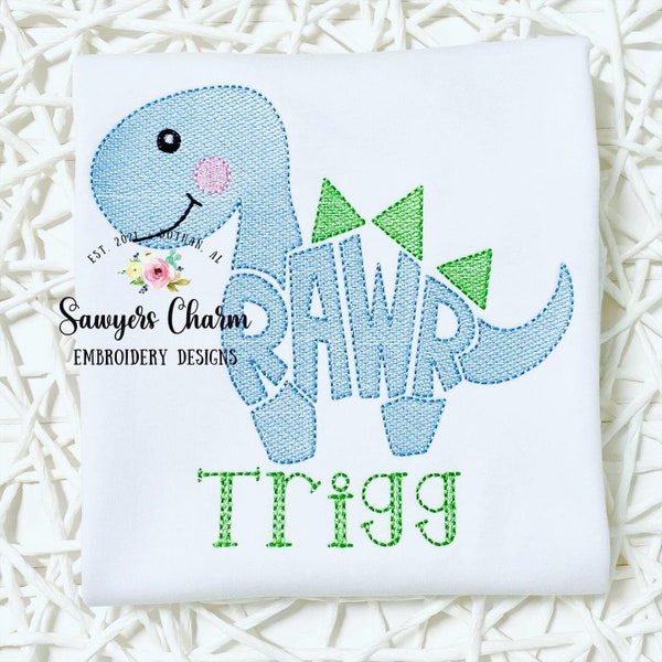 BUNDLE Girl and boy RAWR Dinosaur sketch machine embroidery design file, quick stitch, bean stitch, with and without bows, Dino