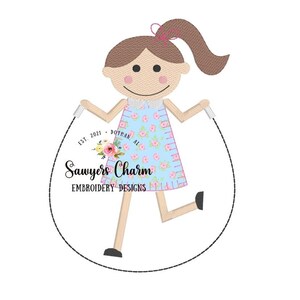 May include: A girl with brown hair in a ponytail is jumping rope. She is wearing a blue dress with pink flowers and white trim. The rope is black and the background is white. The text "Sawyers Charm Embroidery Designs" is below the girl.