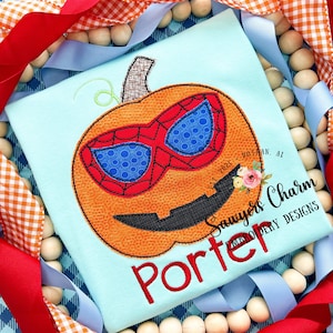 Spider Superhero jackolantern pumpkin, bean stitch applique, embroidery design file, fall halloween, crime fighter, quick stitch, mask