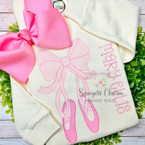 Zapatillas de ballet con diseño de bordado a máquina con puntada de boceto de lazo, puntada rápida, coqueta, zapatillas de punta de bailarina, baile, cintas