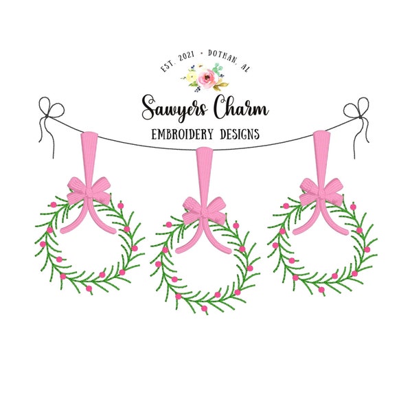 Wreath trio with bows bunting banner bean stitch, machine embroidery design file, satin stitch, holidays Christmas, floral winter wonderland