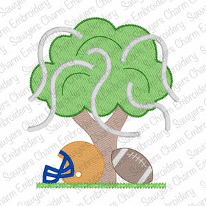 May include: An embroidered design featuring a green tree with white, wavy lines, a football helmet, and a football on a patch of green grass. The helmet is orange with a blue face mask.