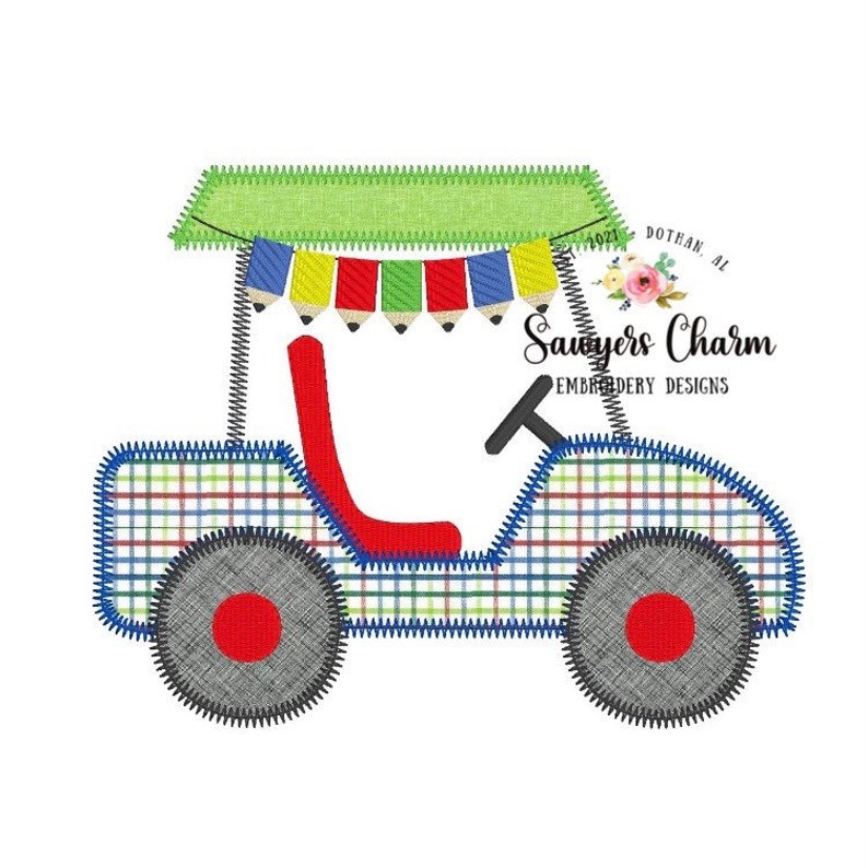 May include: A cartoon-style golf cart with a green canopy and a red seat. The cart is decorated with a string of colorful pennants and pencils.