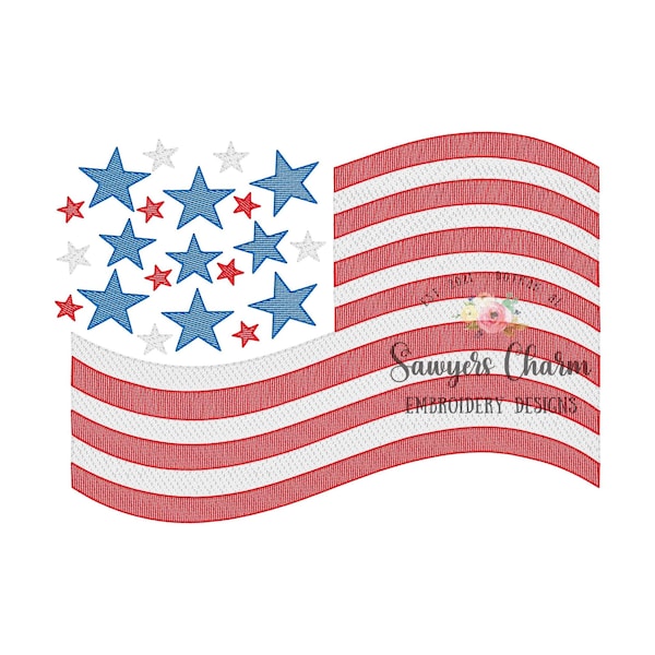 American flag with stars sketch stitch machine embroidery design file, bean stitch, 4th of July, stars stripes, patriotic Memorial Day USA