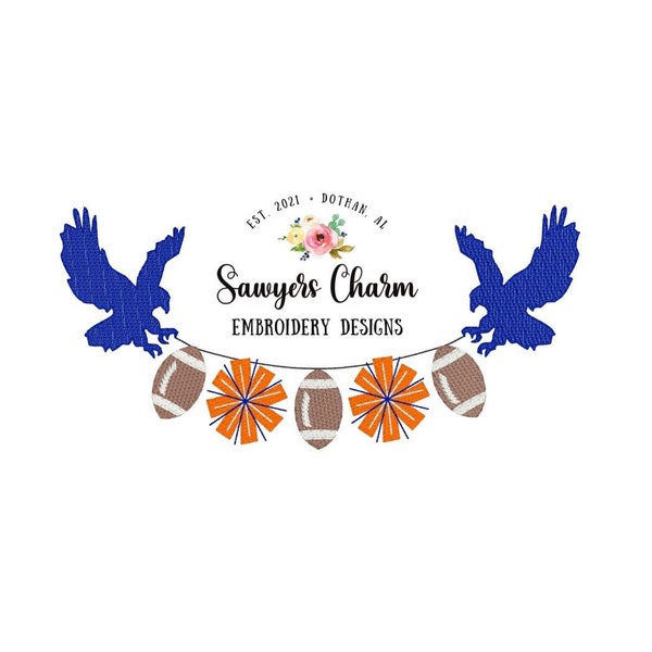 Flying Eagle football pom poms bunting banner, sketch stitch embroidery design, fall sports mascot, cheerleading falcon
