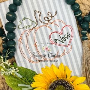 Scribble pumpkin frame with heart for names, bean stitch, machine embroidery design, quick stitch, fall, thanksgiving, Mom, grandma, love
