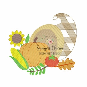 Gingham corcucopia sketch stitch embroidery design file, fall, thanksgiving, gobble, plaid check, harvest, pumpkin, feast, leaves