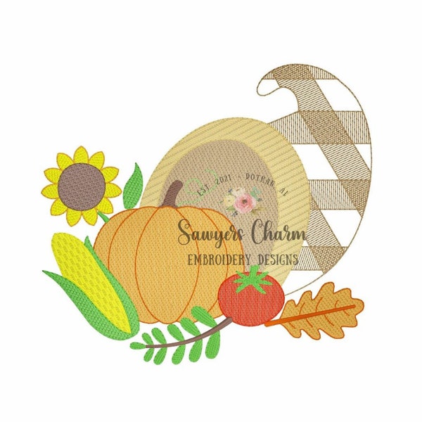 Cornucopia Gingham & sketch stitch machine embroidery design BUNDLE, fall, thanksgiving harvest, plaid check, pumpkin