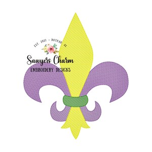 May include: A yellow and purple fleur-de-lis design with a green band. The text "Sawyers Charm Embroidery Designs" is in the center of the design.
