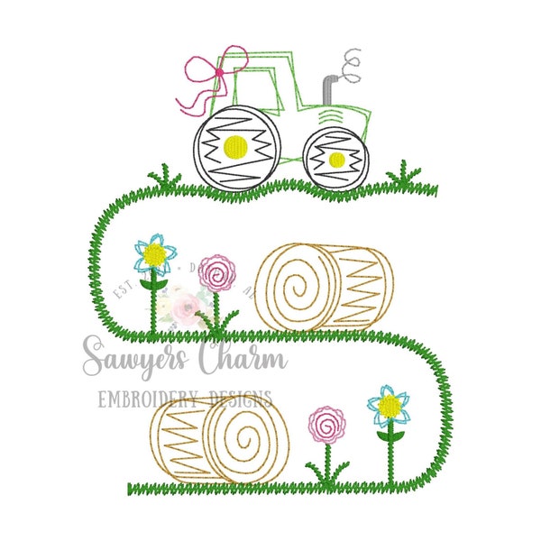 Squiggly Tractor hay bales trio with bow and flowersbean stitch machine embroidery design file, quick stitch, farming, harvest, spring crops