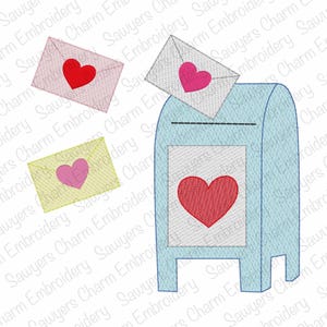 Diseño de bordado a máquina con puntada de boceto con relleno de luz para buzón y cartas de amor de San Valentín, puntada rápida, XOXO, Be Mine, corazones