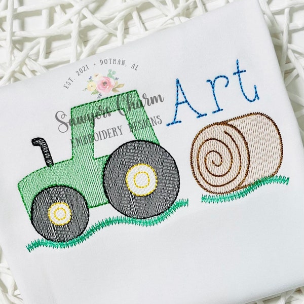 Tractor hay bale sketch stitch machine embroidery design file, bean stitch, quick stitch, farming, harvest, dirt hauler, transportation, bow