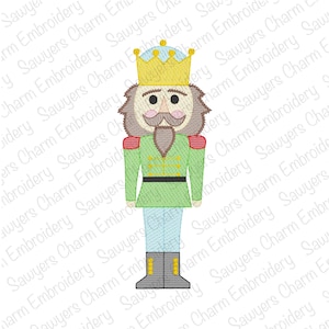 May include: A green and blue nutcracker with a red and gold crown. The nutcracker has a brown beard and mustache and is wearing a green jacket with a black belt and blue pants.