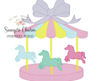 Carousel horses ride with bow sketch stitch machine embroidery design file, festival, rides, state fair, quick stitch, bean stitch details