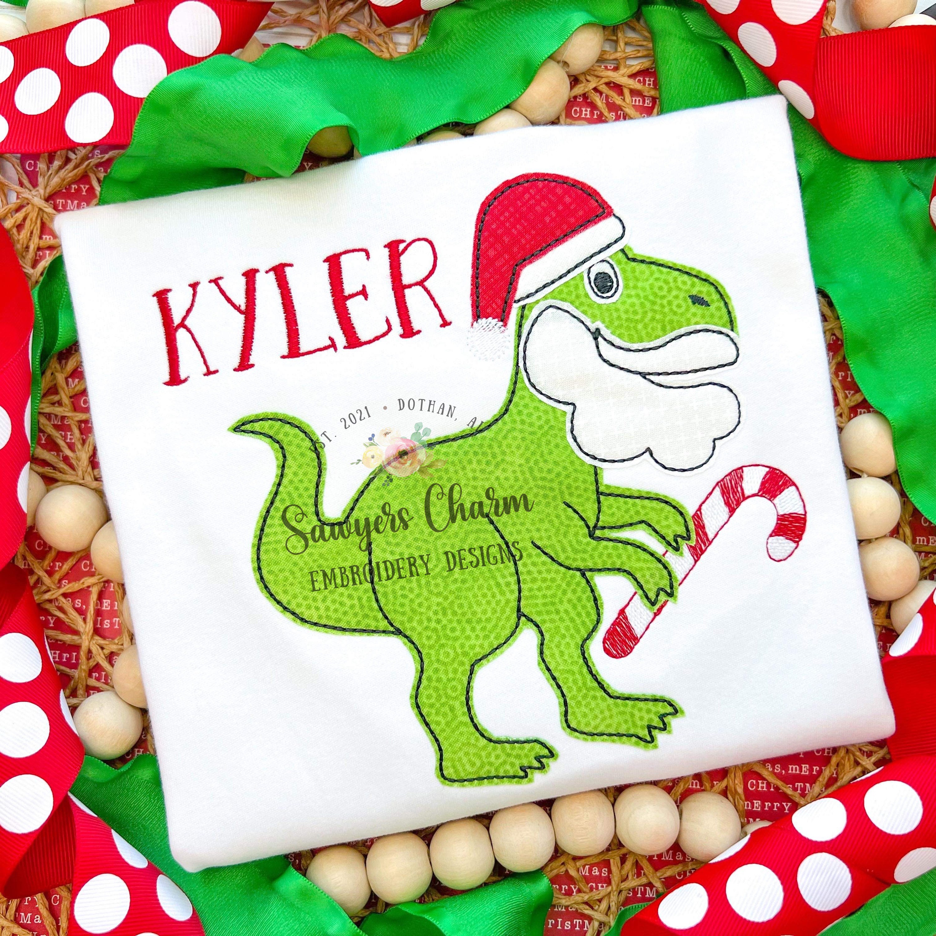 Santa T-rex Dinosaur Bean Stitch Applique, Machine Embroidery Design ...