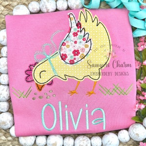 BUNDLE Chicken with bow zig zag & bean stitch applique, machine embroidery design file, quick stitch, farm animal, feed, spring grass hen