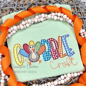 GOBBLE Turkey bean stitch applique, machine embroidery design file, fall, thanksgiving, quick stitch