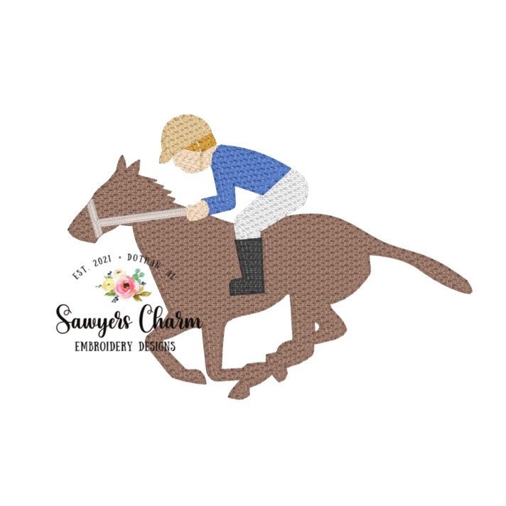 ダービー競馬の馬と騎手のスケッチステッチミシン刺繍デザイン