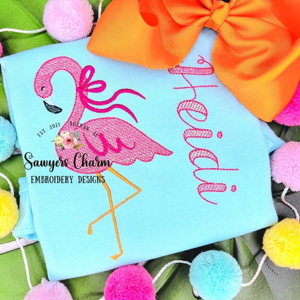 Flamingo with bow sketch style machine embroidery design file, summer, quick stitch, beach