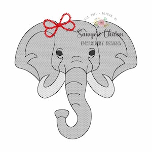 May include: Embroidered design of a gray elephant with a red bow on its head. The elephant has a textured appearance, suggesting it is a digital embroidery design.