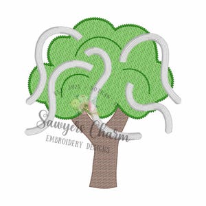 May include: An embroidered tree design with a green canopy, brown trunk, and white, wavy accents. The design includes the text "Sawyer's Charm Embroidery Designs" and the date "2021".