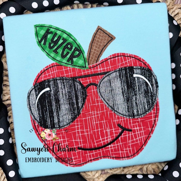 BUNDLE Apple with sunglasses zigzag & bean stitch applique machine embroidery design file, dino, back to school, sunnies, quick stitch, cool