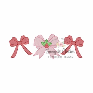 Trio di fiocchi Coquette con bacche di agrifoglio, file di disegno per ricamo a macchina, punto veloce, buone feste, buon Natale, ragazza
