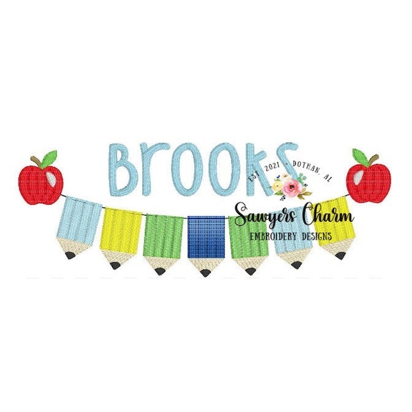 Back to school pencil/apple bunting banner machine embroidery design file, quick stitch, sketch stitch, bean stitch