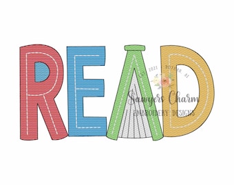 May include: Embroidered design of the word "READ" with a book in the middle. The letters are in red, blue, green, and yellow. The book is green and gray.