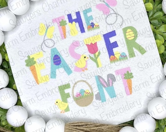 Easter/spring machine embroidery font fill stitch letters, chick, butterfly, carrot, bunny rabbit, eggs & basket, tulip flowers, BX included