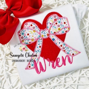BUNDLE Valentine's Day heart with coquette bow, bean stitch & zig zag machine applique embroidery design, love