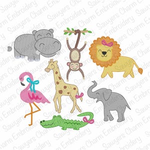 May include: A collection of embroidered cartoon animals, including a hippo, monkey, lion, flamingo, giraffe, elephant, and crocodile. Each animal is adorned with a bow. The designs are in various colors, suitable for children's crafts or apparel.