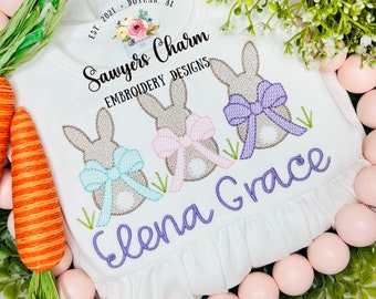 Easter bunnies with coquette bow in grass sketch stitch trio machine embroidery design, quick stitch, French knot tail, peter cottontail