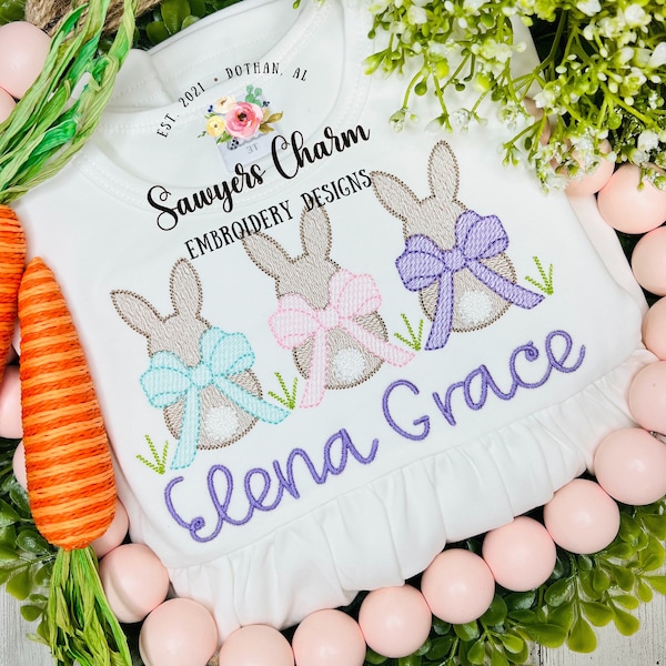 Easter bunnies with bow in grass sketch stitch trio machine embroidery design file, quick stitch, french knot tail, peter cottontail