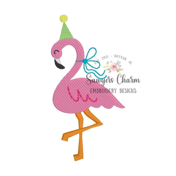 Mini fill party flamingo with bow & hat, machine embroidery design file, jungle, zoo, birthday boy/girl, baby, left chest monogram