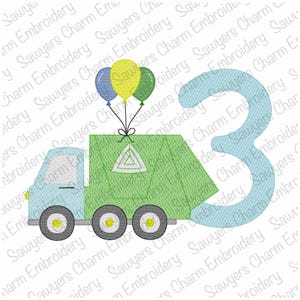 May include: A green garbage truck with a blue cab and three balloons tied to the top. The truck has a white triangle on the side. The number 3 is in the background in light blue.