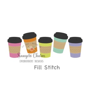 Tazzine da caffè da mettere in fila, file di disegno da ricamo a macchina con punto di riempimento, maniche, bevande, vita di mamma in movimento, cappuccino
