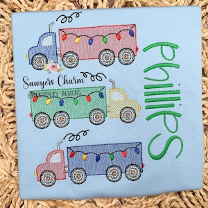 Christmas lights Semi big truck trio sketch stitch machine embroidery design file, bean stitch details, transportation vehicle, holidays