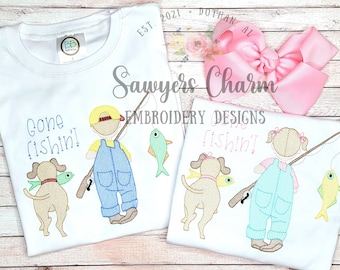 BUNDLE Little girl AND boy fishing with dog sketch stitch machine embroidery design file, fishing pole, spring summer, quick stitch, outdoor