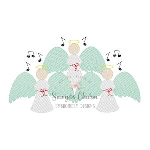 Christmas angels trio sketch stitch machine embroidery design file, bean stitch details, happy holidays, Merry Christmas, quick stitch image 1