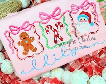 Coquette Bows Christmas frames trio satin stitch machine embroidery design, happy holidays, Gingerbread, candy canes, Santa Claus mini fill